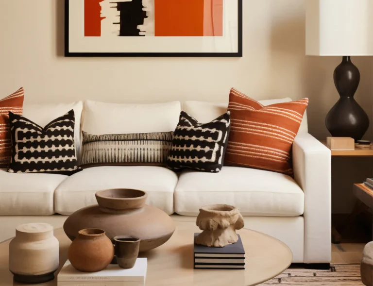 White sofa with black, white, and orange patterned cushions under an abstract framed print; a round coffee table with ceramic bowls stands in front.