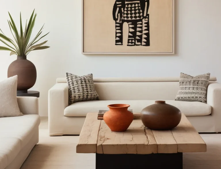 Minimalist living room with a white sofa, patterned pillows, a rustic wooden coffee table, and two ceramic vases (orange and brown). A large plant sits to the left and an abstract framed piece hangs on the wall above the sofa.
