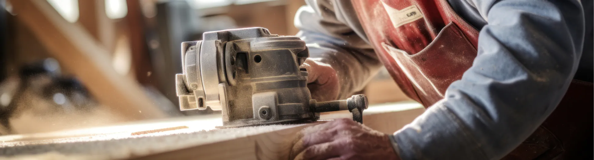Carpenter using a handheld router to rout a wooden edge, sawdust flying nearby